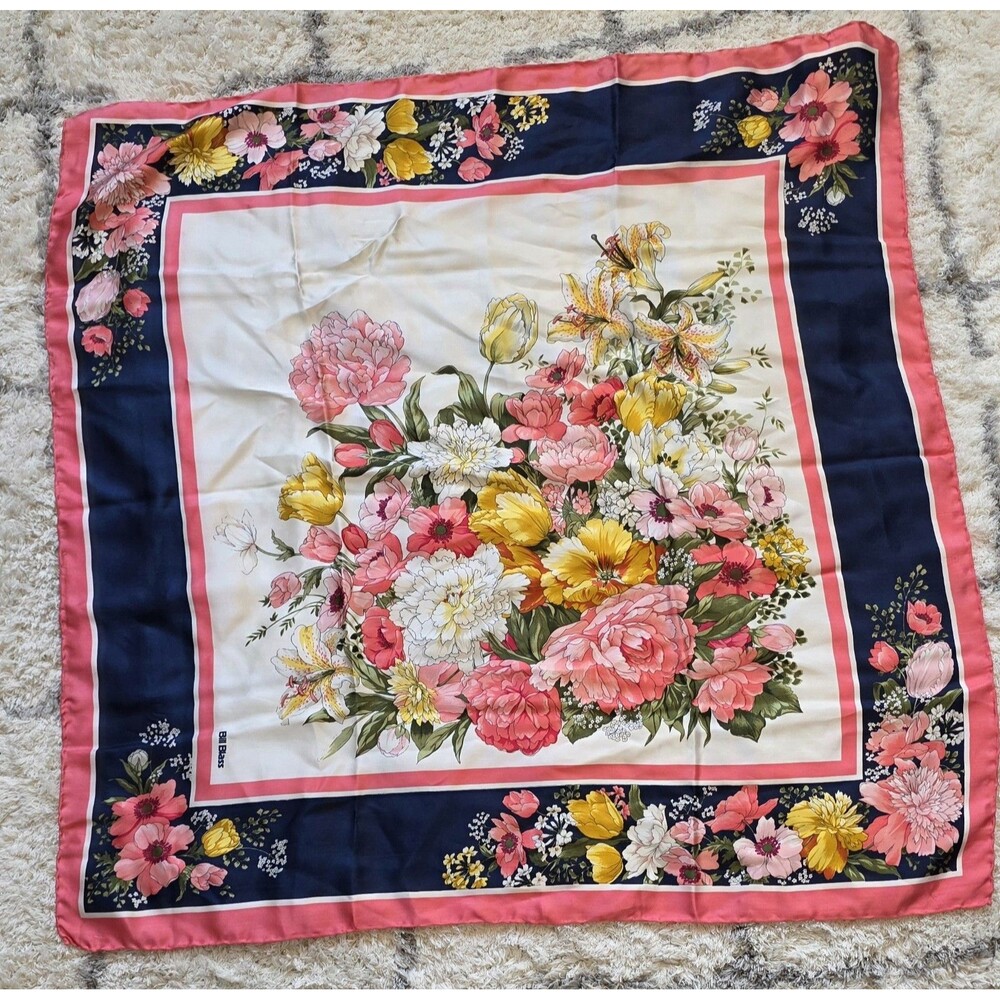 Vintage Bill Blass 100% Silk Scarf Floral Bouquet Navy Coral Large Square